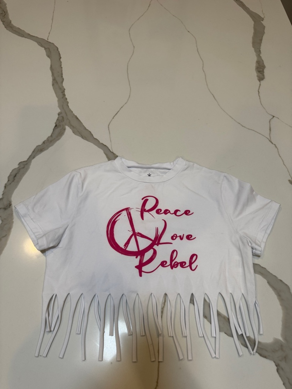 Rebel Athletic Peace Love Rebel Fringe Crop Tee - White with Pink Graphic YL